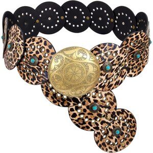 Woman's Western PU Leather Belts Concho Disc Wide Waist Belt Leopard Bronze